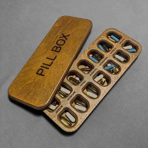 Pill Box Organizer - Wooden 7 Day Weekly Pill Case, Medicine Container, Rustic Pill Holder, Medication & Vitamin Storage
