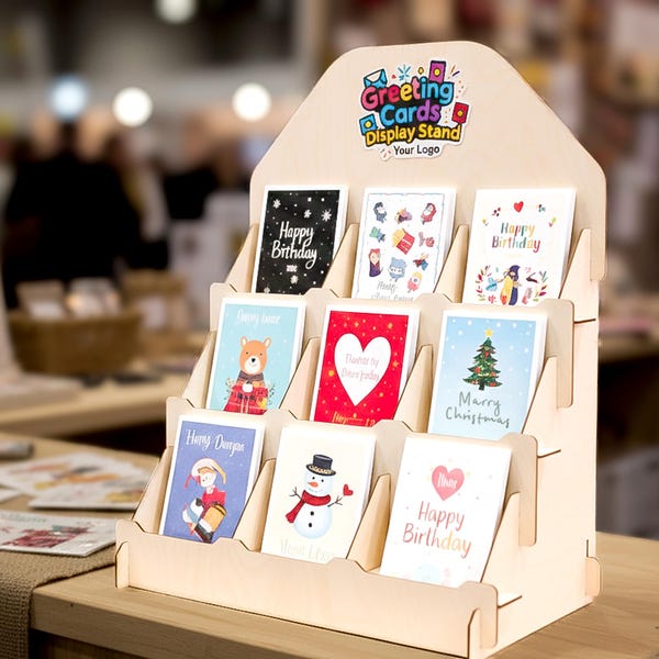 Greeting Card Display Stand - Countertop rack for postcards, stickers, small prints; craft show display shelf for vendors & pop up shop