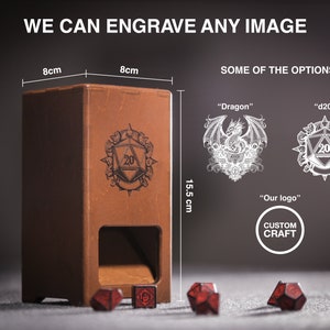 May include: A wooden dice tower with a slot for rolling dice. The tower is 8 cm wide and 15.5 cm tall. The tower has a custom engraved design of a 20-sided die. The image shows some of the options for engraving, including a dragon, a d20, and a custom logo. The text "CUSTOM CRAFT" is also visible on the image.