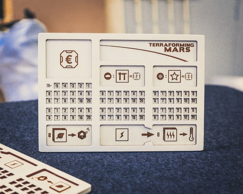 Glowforge SVG files for board games, ideal Terraforming Mars player board and patterns