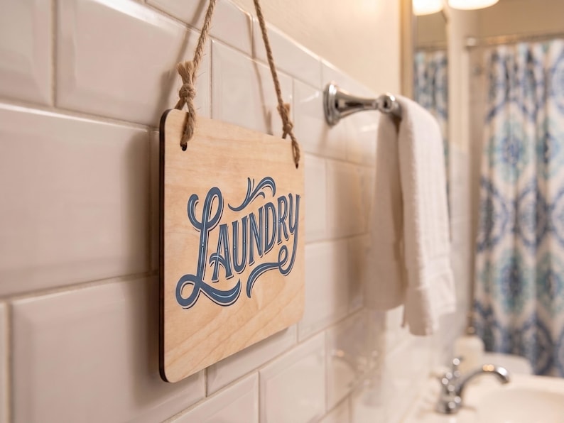 Small indoor door sign reading Laundry in blue script, hanging on white subway tiles in a bright bathroom setting.