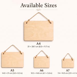 Size guide for small wood signs, illustrating A4, A5, A6, and A7 dimensions alongside corresponding inch and centimeter measurements.