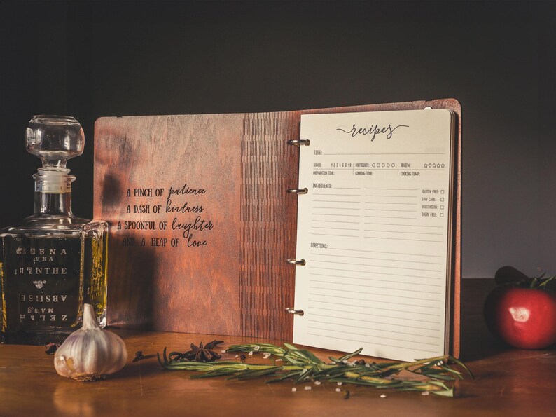 Sustainable wooden recipe book with unique grain pattern