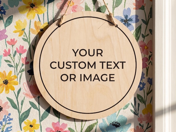 Custom Hanging Sign, Personalized Round Wood Door Sign, Text Quote Decor for Indoor Man Cave, Printed Logo Business Office