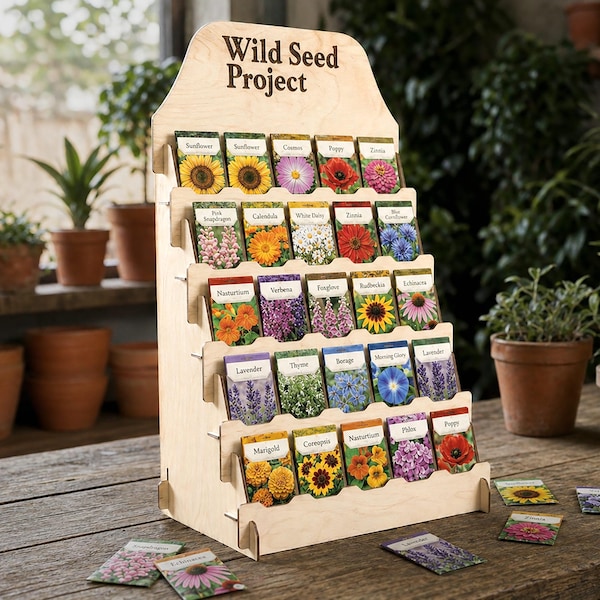 Expositor de semillas: estante de mostrador de 5 niveles con 25 compartimentos, estante de sobremesa para paquetes de semillas, ideal para ferias de artesanía y mercados agrícolas.