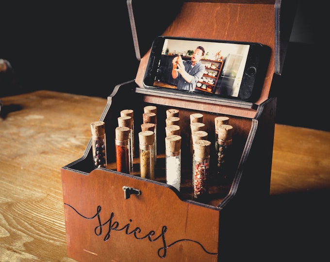 Wooden Spice Rack with Tubes, Spice Organizer, Spice Jars for Kitchen, Wooden Housewarming Gift Box, Minimalist Countertop Herbs Storage