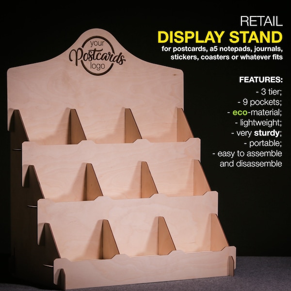 Photocard Display, Postcard Display Stand w/ Compartments,  Greeting Card Rack, Retail Display Stand, Market Display, Sticker Display