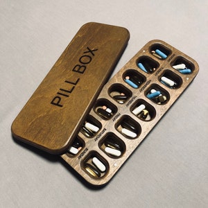 Pill Box Organizer - Wooden 7 Day Weekly Pill Case, Unique Medicine Container, Cute Pill Holder for Travel, Medication & Vitamin Storage