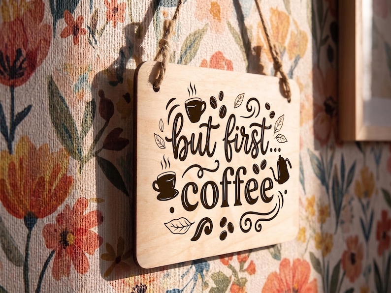Personalized wood kitchen sign featuring the phrase but first coffee and bean illustrations, hanging on a floral wall.