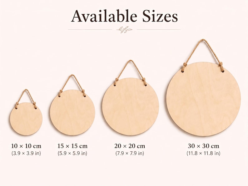Size comparison chart showing four round wooden hanging signs ranging from ten centimeters to thirty centimeters with measurements in inches.