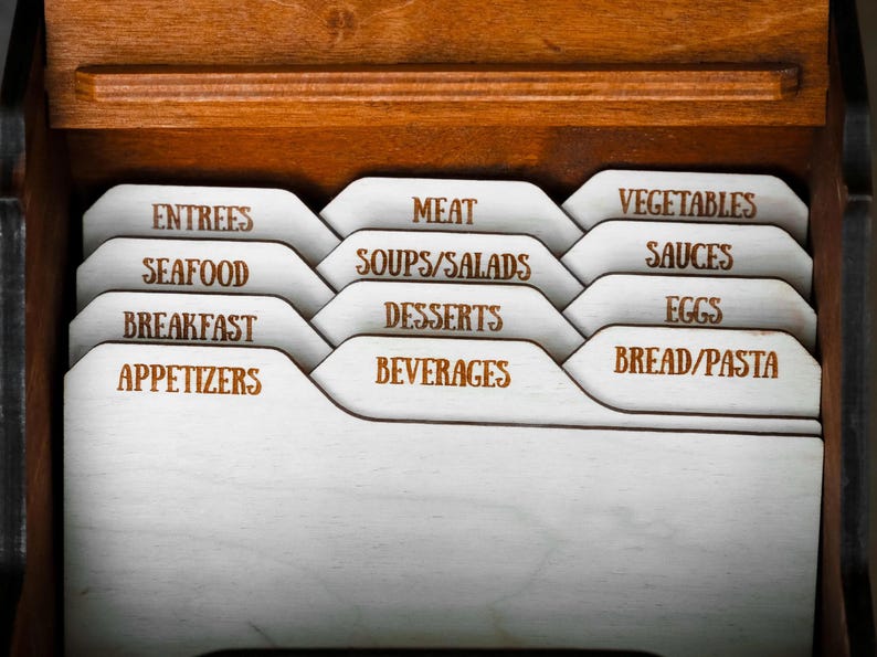 Wooden recipe box for 4x6 cards with personalized engraving and optional dividers