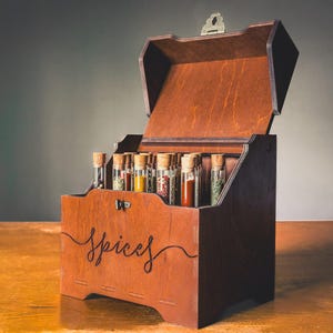 Wooden Spice Box with Test Tubes, Spice Rack and Organizer for Kitchen Storage