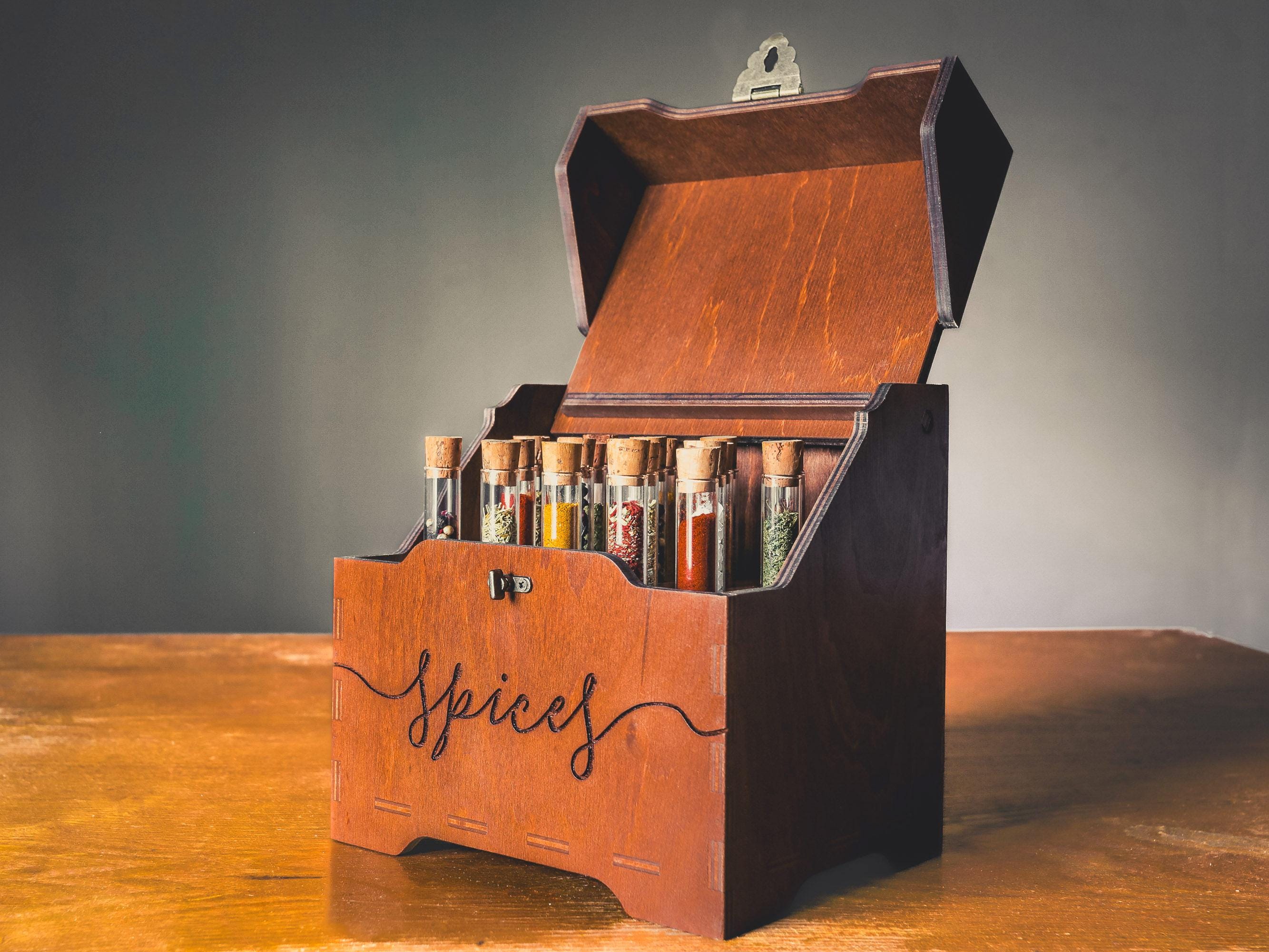 Wooden Spice Box with Test Tubes, Spice Rack and Organizer for Kitchen Storage