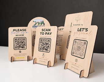 Custom QR Code Sign for Scan to Pay, Business Logo Wood Plaque, Social Media Sign, Venmo Payment Display Stand, Wifi & Review
