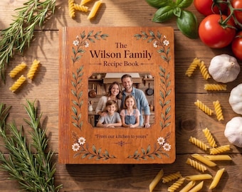 Custom Cookbook with Photo Cover, Wooden Family Recipe Book Binder, Personalized Blank Recipe Journal