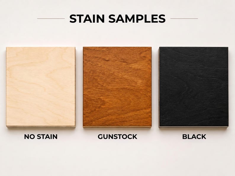 Three square wooden samples displaying the available finish options for the custom sign: No Stain, Gunstock, and Black.