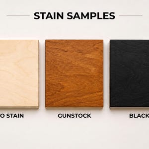 Three square birch plywood stain samples showing the available finishes of natural wood with no stain, warm brown gunstock, and solid black.
