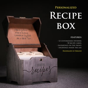 Zwarte receptendoos met vakverdelingen, gepersonaliseerde receptenkaartdoos, houten aangepaste receptendoos en kaarten 4 x 6, stijlvolle gegraveerde receptendoos