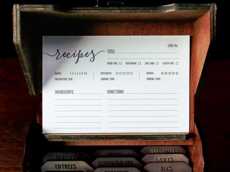 Wooden recipe card holder with personalized dividers