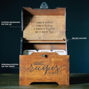 Handmade custom recipe card box with laser-engraved name, perfect bridal shower gift