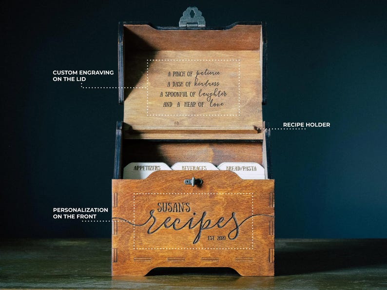 Handmade custom recipe card box with laser-engraved name, perfect bridal shower gift