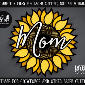 Archivos SVG de girasol cortados con láser, SVG en capas 3D con letrero de mamá