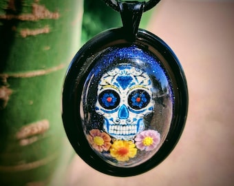 Colorful Sugar Skull Pendant Necklace | Day of the Dead Jewelry | Dia de los Muertos Necklace | Gothic Resin Pendant