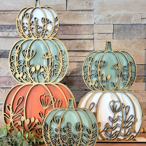 Floral Stacked Pumpkin SVG, Fall Decor Laser File, Glowforge Ready, 3 Stacked Pumkin Set with Stand