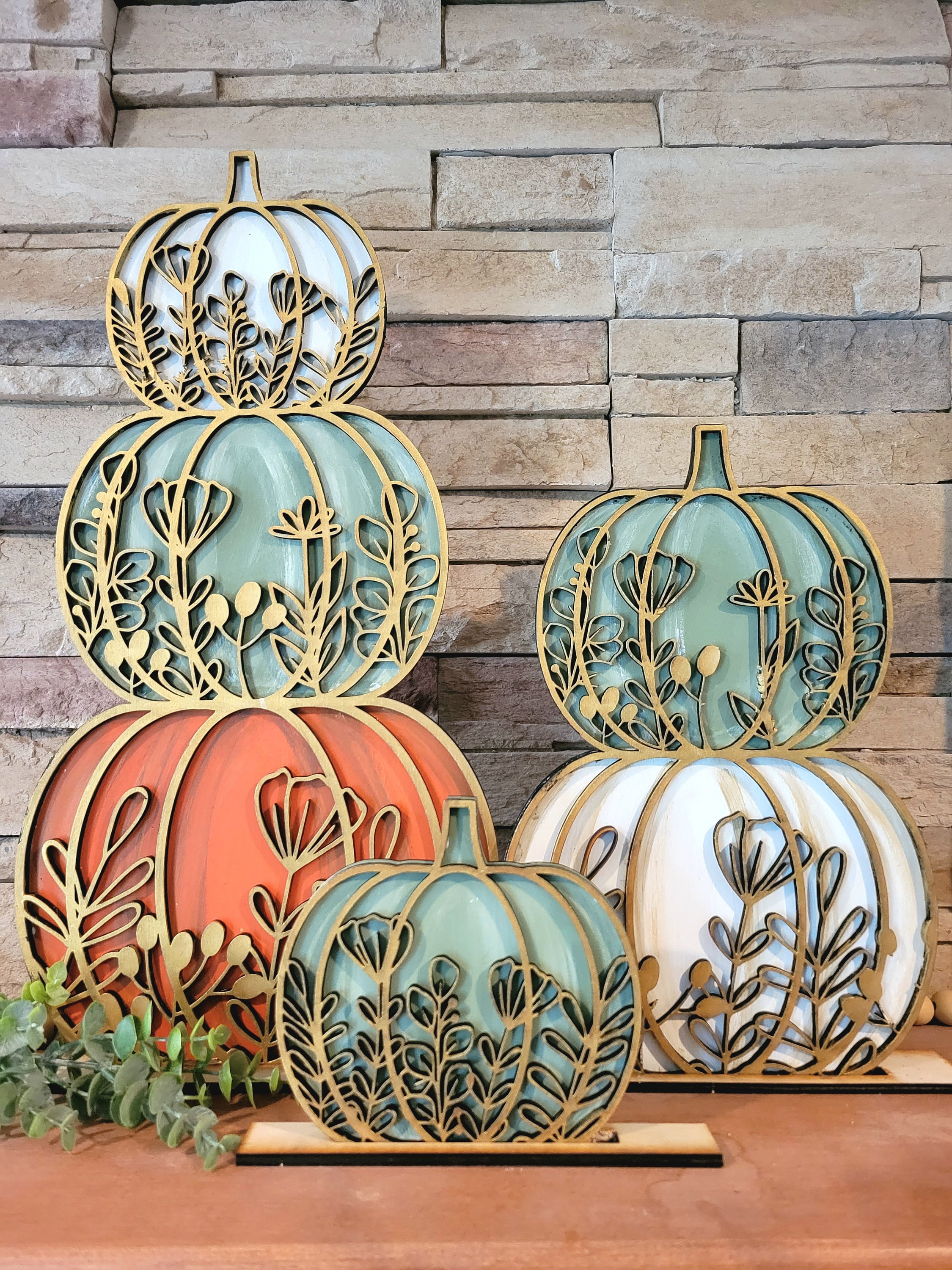 Floral Stacked Pumpkin SVG, Fall Decor Laser File, Glowforge Ready, 3 Stacked Pumkin Set with Stand