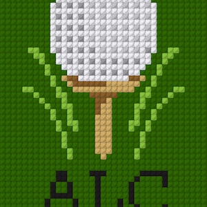 May include: A cross-stitch pattern on a dark green background featuring a white golf ball resting on a tan wooden tee. The design includes light green grass blades on both sides of the tee and the black capital letters ALC positioned below.