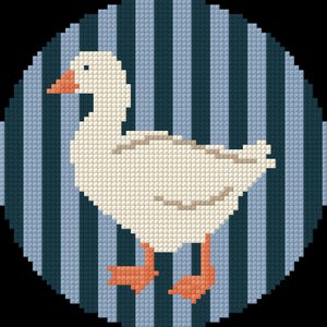 May include: A cross-stitch design of a white goose with orange beak and feet, set against a blue and navy striped background within a circular frame. The artwork is a pixelated style, reminiscent of vintage needlework.