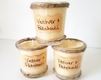 Beeswax Vetiver and Patchouli Aromatherapy Candles - Choice of 1-3 two ounce votives - Pure Beeswax, Organic Coconut Oil, and Essential Oils