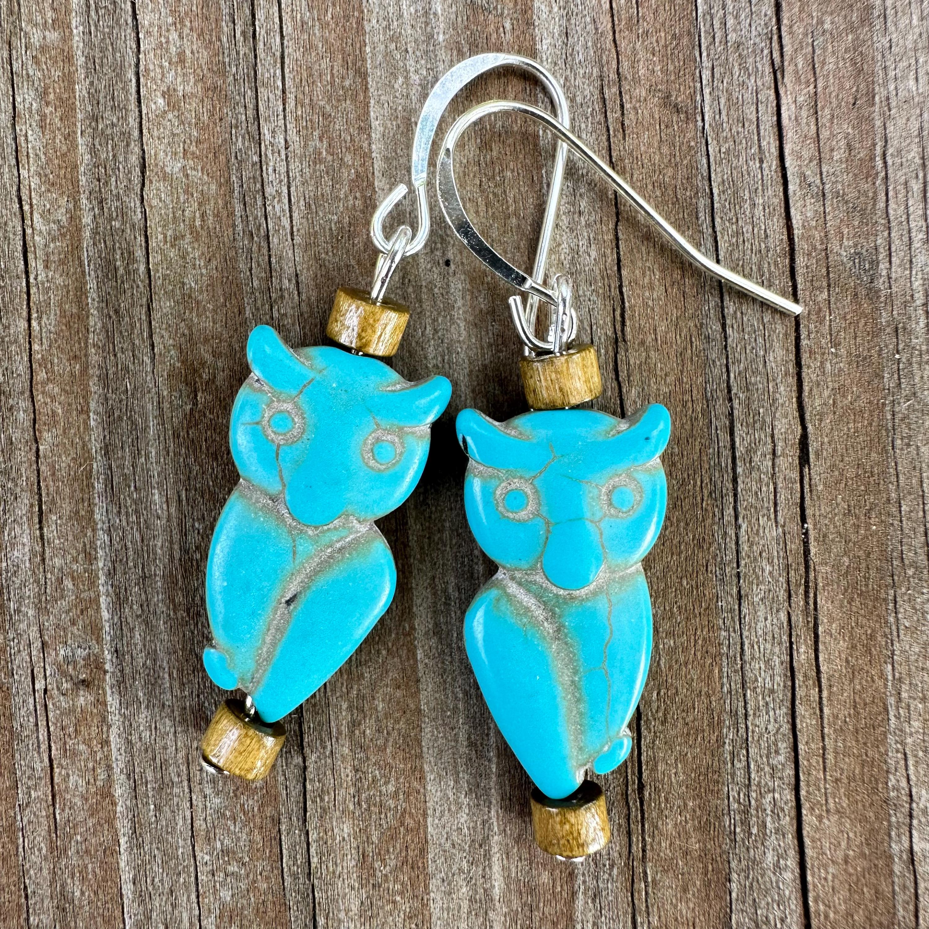Turquoise Owl Earrings, Howlite, Rustic Wise Woman Jewelry
