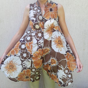XS-S - Vintage 100% cotton blouse - sleeveless - brown - white - orange floral pattern