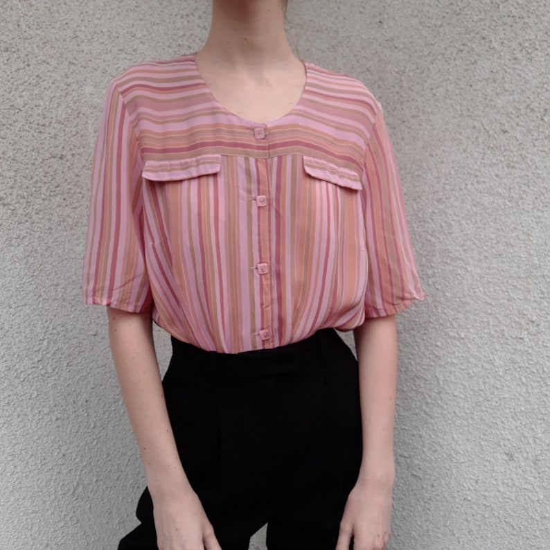 striped pink rose Vintage 100/% viscose button up blouse