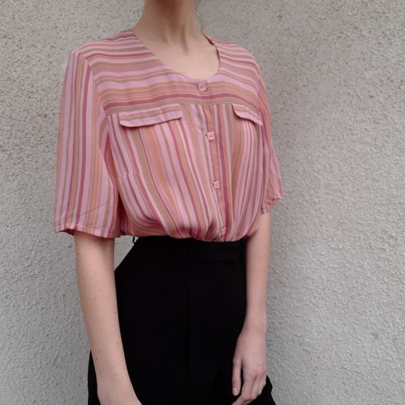 striped pink rose Vintage 100/% viscose button up blouse