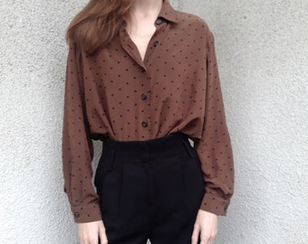 Vintage polkadot button up blouse - brown and black