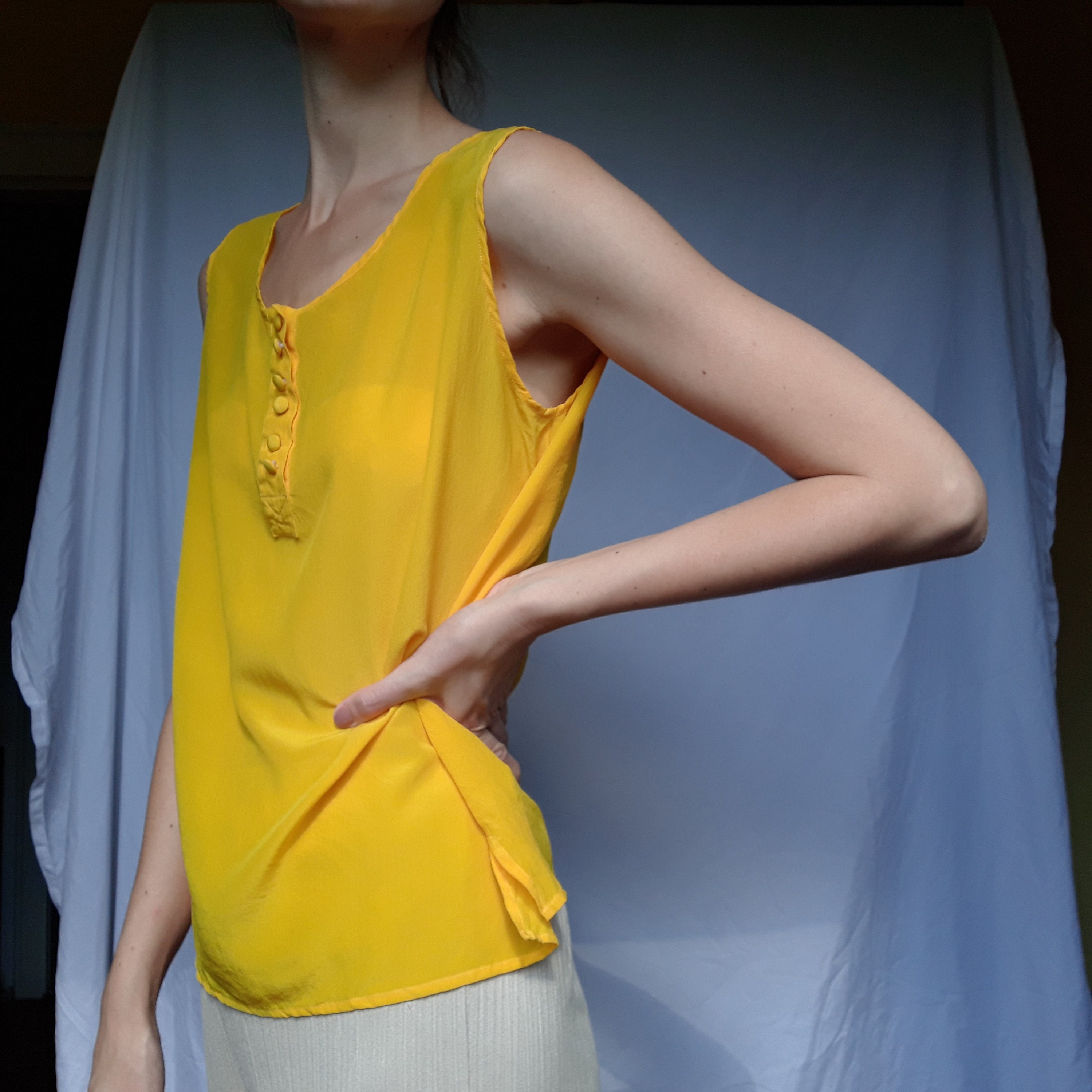 S-L 100% Silk VINTAGE Sleeveless Top Yellow - Etsy UK