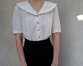 Vintage Viskose-Blend Bluse mit besticktem Kragen - weiß
