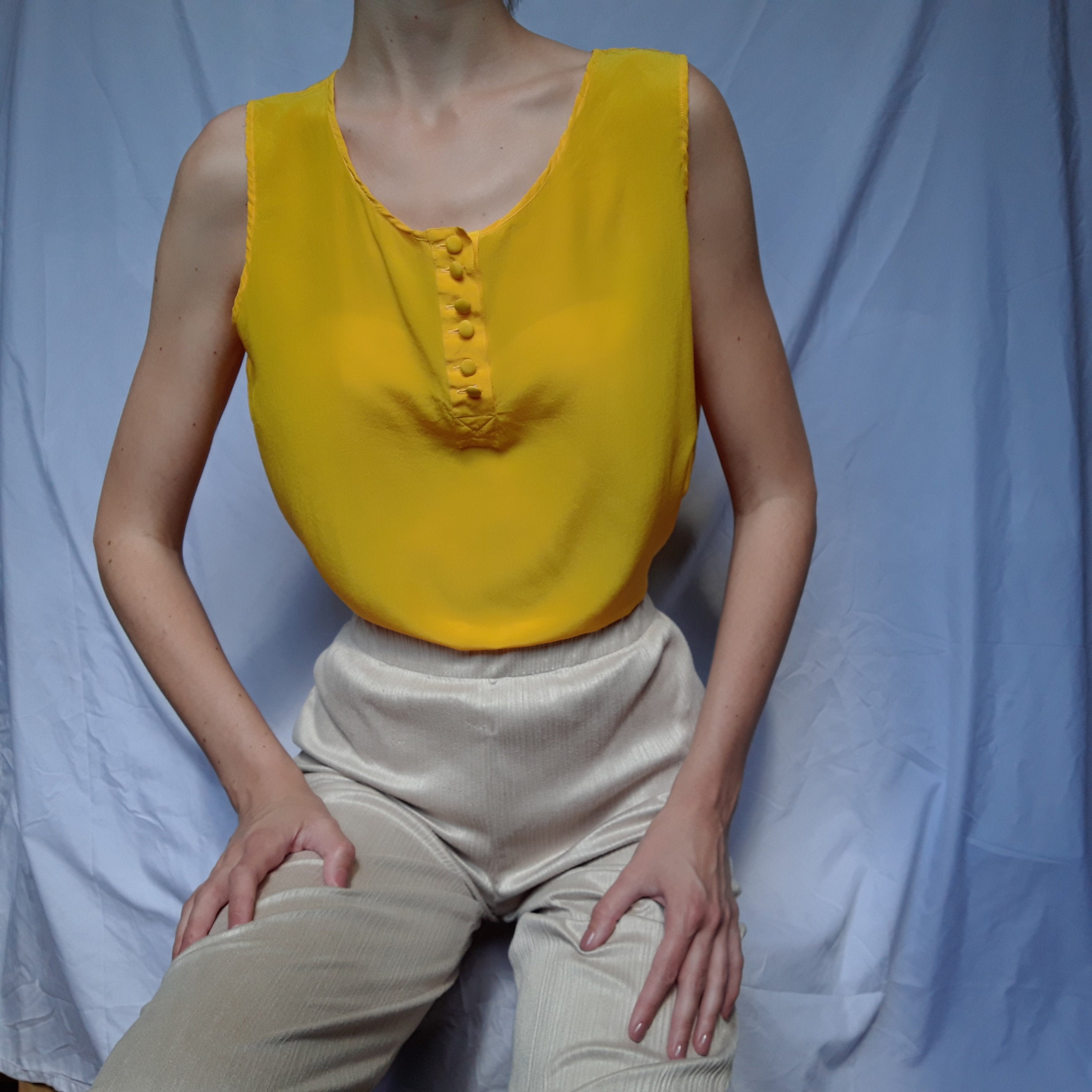 S-L 100% Silk VINTAGE Sleeveless Top Yellow - Etsy UK