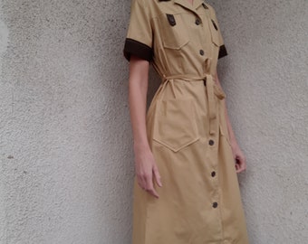Vintage belted button up shirt dress - camel and brown