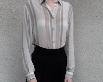 Vintage viscose and acetat mix button up blouse - sheer material - striped - beige color
