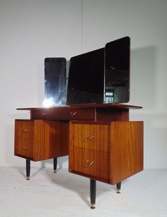 Midcentury G Plan Gplan E Gomme Tola Brass Dressing Table With Mirrors Vintage Retro Drawers Bedroom Furniture 1950s