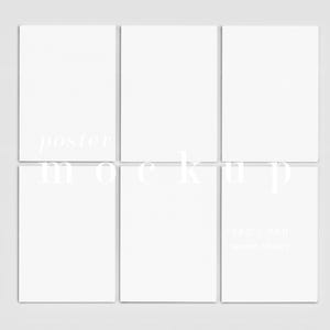 May include: A mockup featuring six white rectangular posters arranged in a grid pattern. The word "poster" is written across the top row, and "mockup" is written across the bottom row. The background is a light gray.