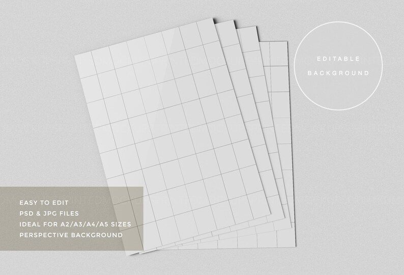 May include: A stack of white grid paper with a light gray background. The text on the image says "EASY TO EDIT PSD & JPG FILES IDEAL FOR A2/A3/A4/A5 SIZES PERSPECTIVE BACKGROUND EDITABLE BACKGROUND."