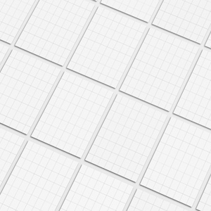 May include: An overhead shot of several white, grid-lined notepads arranged diagonally. The pages are clean and crisp, with a subtle shadow effect adding depth. The grid lines are a light gray.