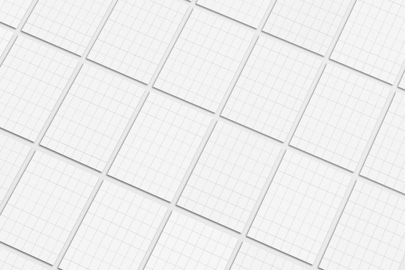 May include: An overhead shot of several white, grid-lined notepads arranged diagonally. The pages are clean and crisp, with a subtle shadow effect adding depth. The grid lines are a light gray.