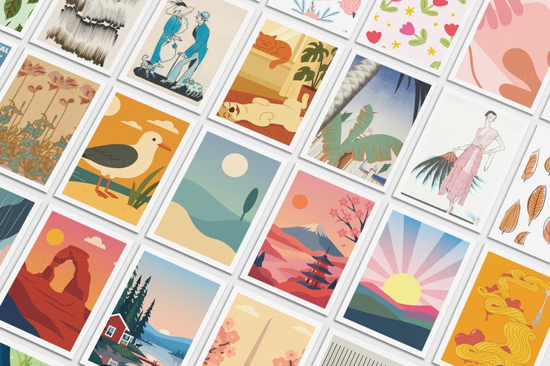 May include: A collection of art prints featuring various illustrations. The prints showcase diverse themes, including landscapes, animals, and figures, with a range of color palettes. Each print is displayed in a white frame, creating a cohesive aesthetic.