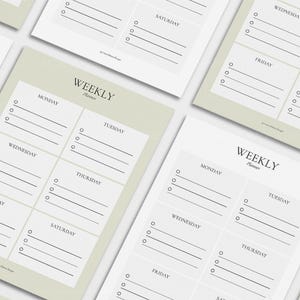May include: Several weekly planner sheets with a minimalist design are arranged on a light background. Each sheet features sections for each day of the week, with lines for notes and checkboxes. The text "WEEKLY Planner" is at the top of each sheet.