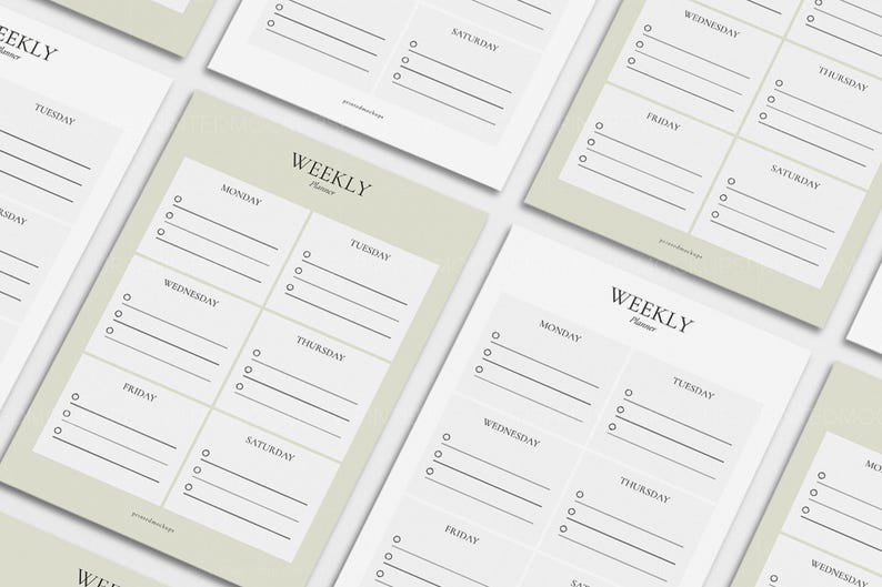 May include: Several weekly planner sheets with a minimalist design are arranged on a light background. Each sheet features sections for each day of the week, with lines for notes and checkboxes. The text "WEEKLY Planner" is at the top of each sheet.